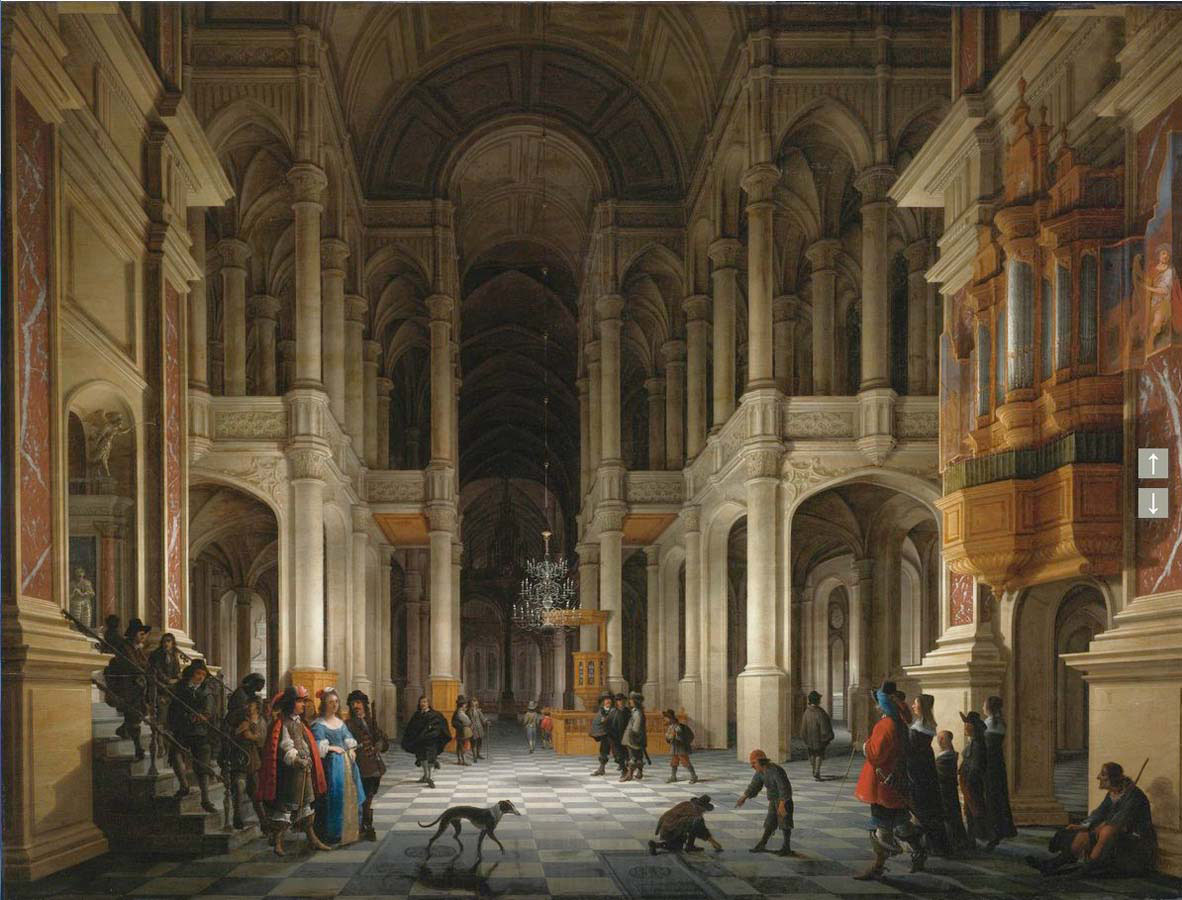 the interior of a renaissance style church at night with an elegant couple making an entrance